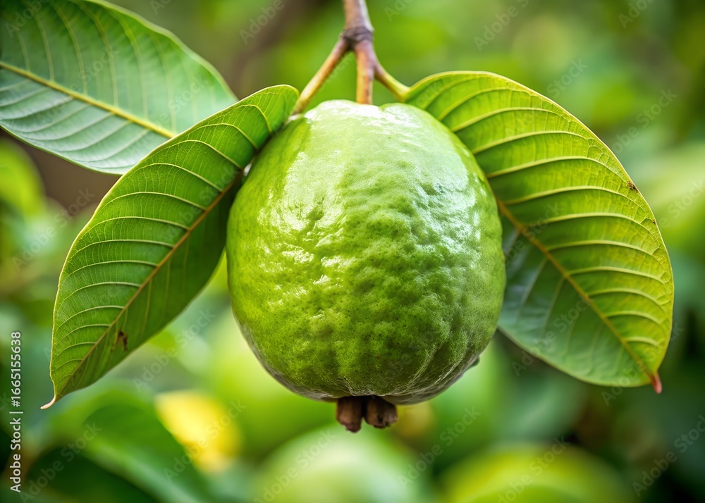 Obraz premium Fresh green guava fruit hanging from a branch with lush green leaves