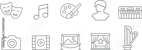 Art and Entertainment Line Icons Set for Music, Theater, and Creative Arts