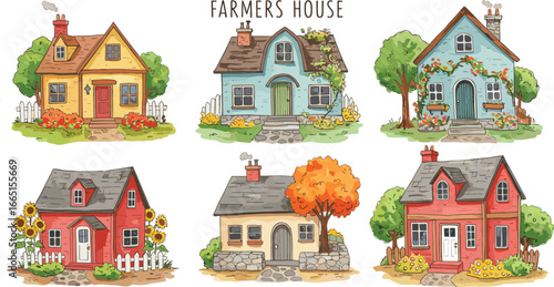Watercolor farmhouse illustration, cute cottage houses, rustic countryside homes, cozy village houses, country cottage clipart