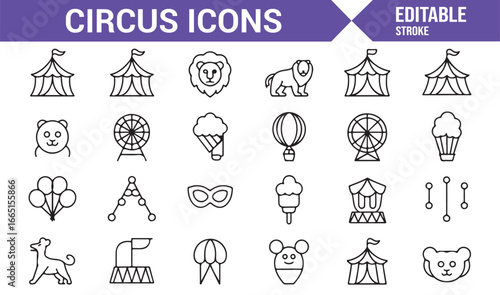 Fun and entertainment circus icons for amusement parks and fairs