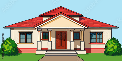 A new residential brick house with blue windows and a red roof