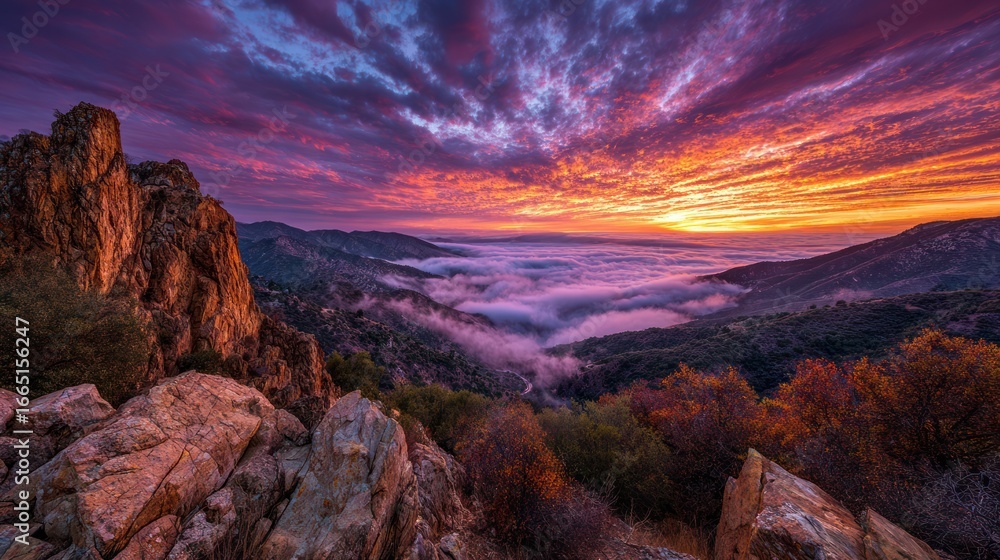 Fototapeta premium Dramatic mountain vista at fiery sunrise with fog-filled valley below