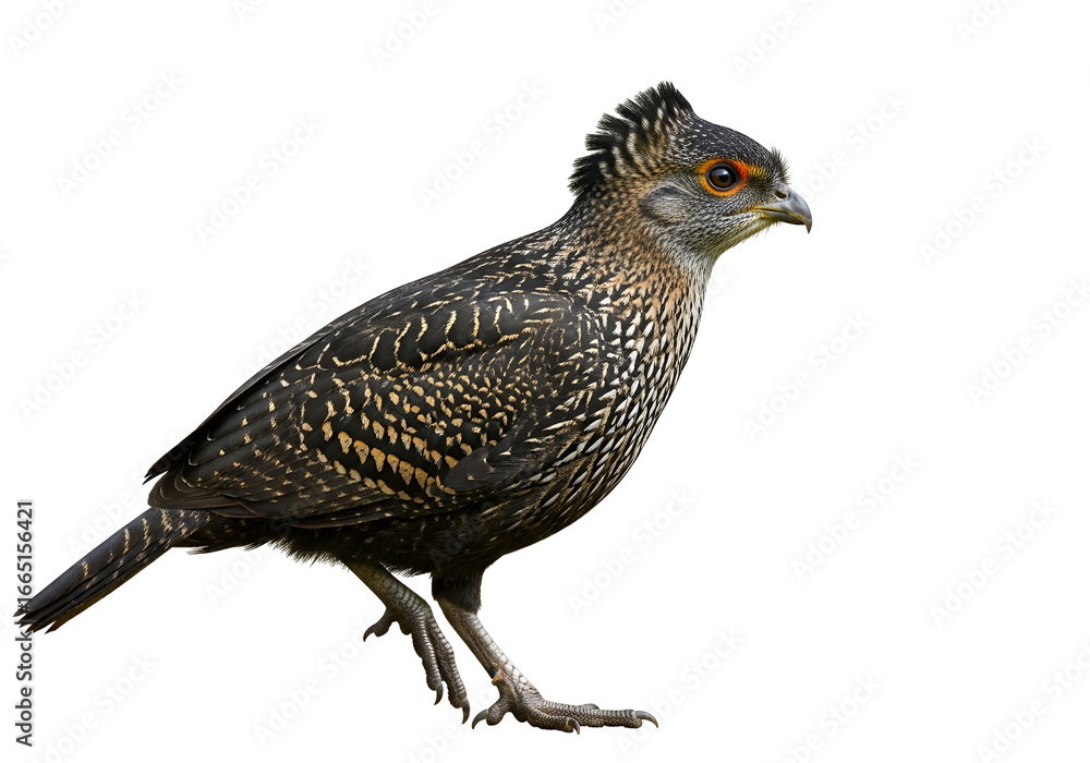 Fototapeta premium Detailed profile view of a speckled, dark-colored bird against a pure black background.
