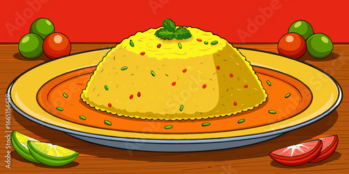Illustration of fruit cake and watermelon slice dessert with cream and berries