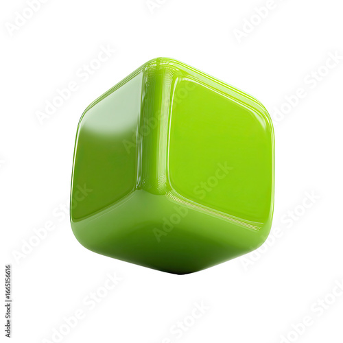 Glossy green cube with rounded corners, floating against black background