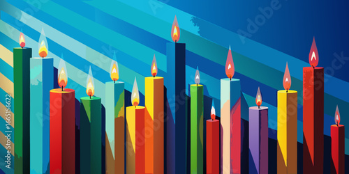 Colorful vector illustration of birthday candles burning with a happy, lighthearted flame against an abstract background of dynamic lines