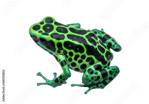 A vibrant, spotted poison dart frog, strikingly detailed, is highlighted against a pure black background.