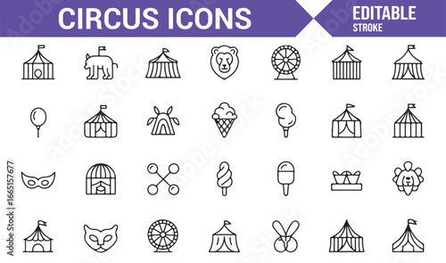 Collection of circus-themed icons featuring tents, animals, and performers
