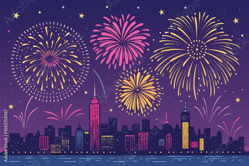 Fireworks explode above a city skyline at a festival.