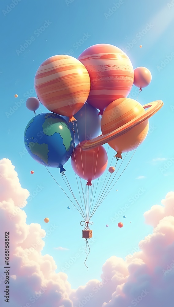 Obraz premium A bunch of helium balloons shaped like planets from the solar system floating in the sky, symbolizing dreams and cosmic adventure.