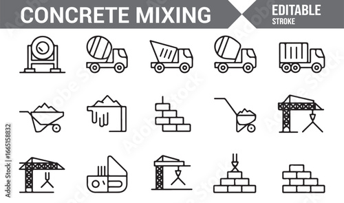 Construction tools and concrete mixing icons for building and project management