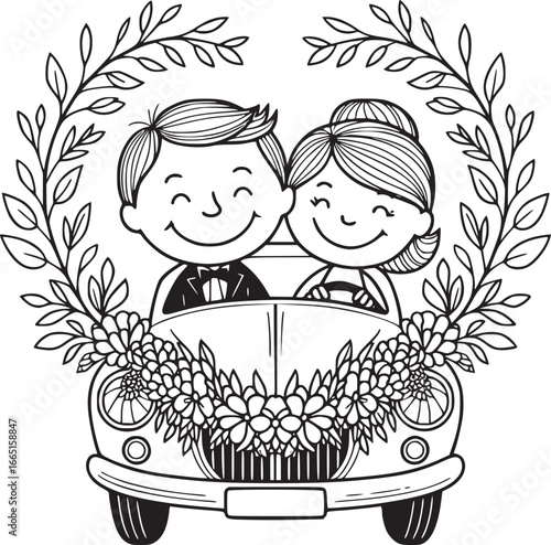 Wedding car illustration: Charming illustration of a happy couple in a vintage car, adorned with floral arrangements and a leafy wreath, perfect for conveying love, celebration, and new beginnings.