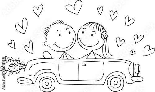Love on Wheels: A charming cartoon couple cruises in their vintage car, surrounded by floating hearts, a whimsical illustration of love, affection, and shared adventure.
