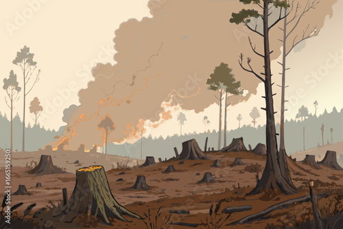 Forest destroyed with tree stumps and rising smoke.