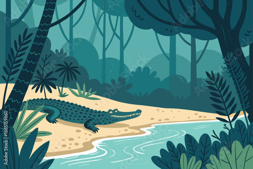 A forest swamp with a partially submerged crocodile.