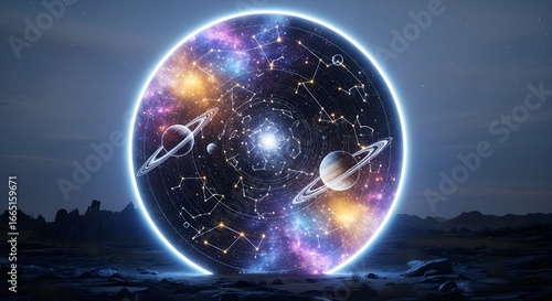 Mystical celestial horoscope wheel with planets and constellations glowing in a cosmic galaxy over a fantasy landscape