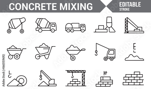 Collection of concrete mixing equipment icons, including trucks and cranes