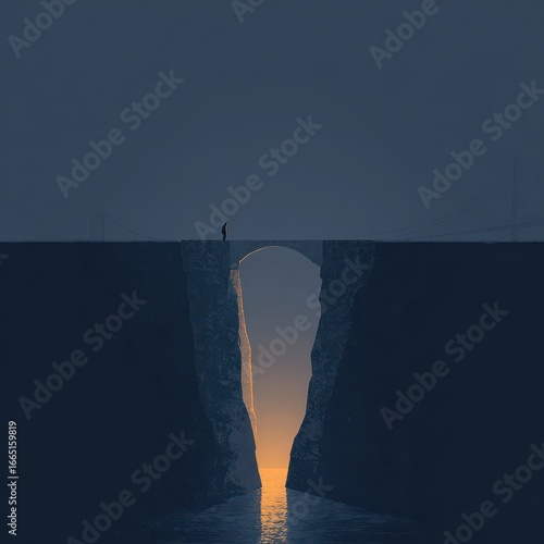 Solitary figure on cliff edge by chasm at sunset. Illustration for meditation, travel