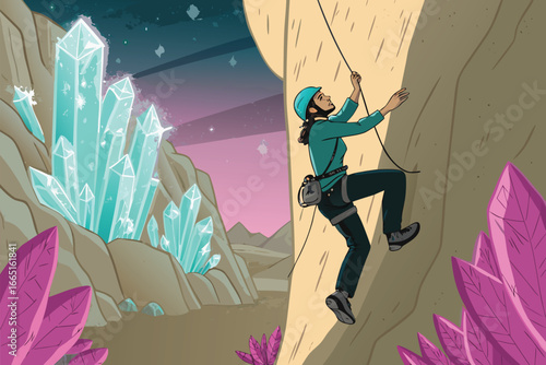 Frontier adventurer scaling a colossal crystal canyon.