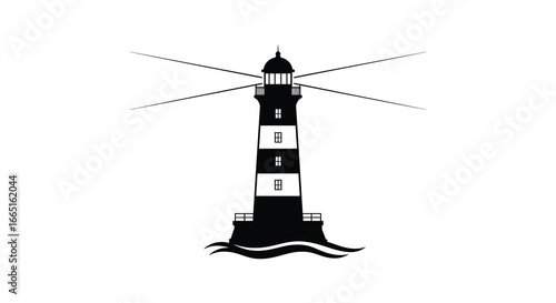 A black and white illustration of a lighthouse on a rocky coastline