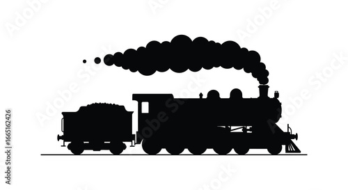 A black silhouette of a vintage steam locomotive train with smoke