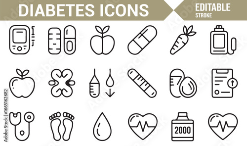 Editable diabetes icons featuring medication, glucose, and lifestyle