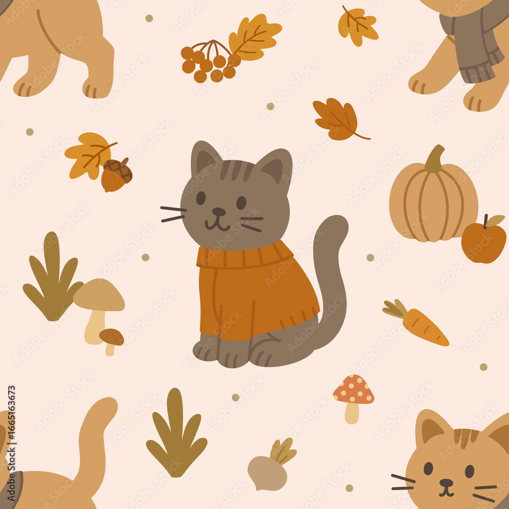 Obraz premium Autumn seamless pattern design. Print with cats for fabrics and clothes