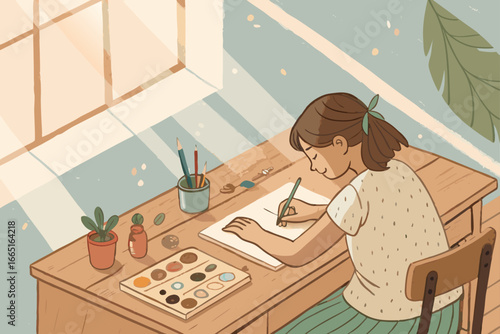 Young girl sketching in a book at a wooden desk.