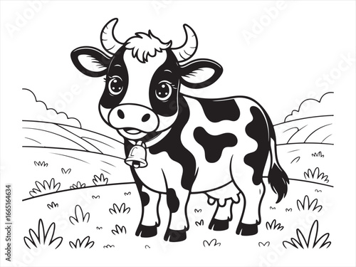 Cute Cow in the Meadow with Flower, Cartoon Style Farm Animal