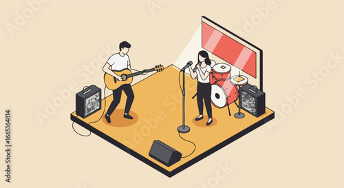 Isometric duo plays music on stage, drums, display, lights, for advertising