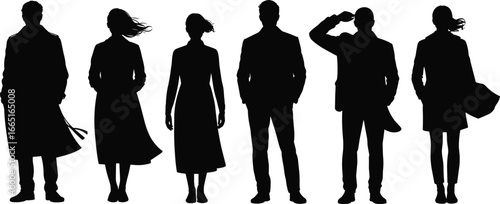 Silhouette vector illustration of diverse people standing in a row with unique postures and clothing styles on white background