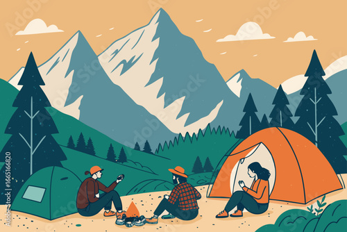 Hikers rest at a picturesque mountain base camp.