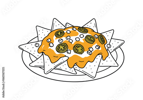 Cartoon snack of nachos covered in sauce, and jalapenos on a plate, isolated