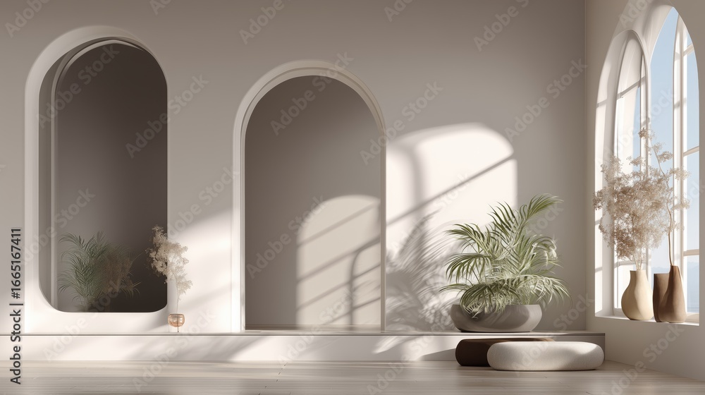 Fototapeta premium Remote work home office with arched niches, warm lighting, and biophilic design for productive workspace.