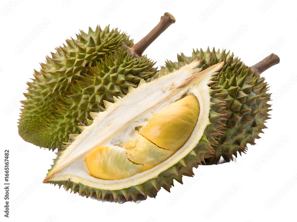 Fototapeta premium Fresh durian fruit cut open revealing creamy yellow flesh