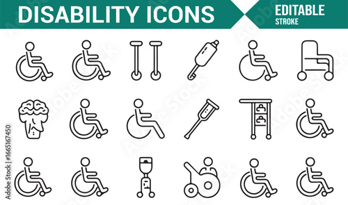Inclusive design icons for disabilities featuring mobility aids and prosthetics