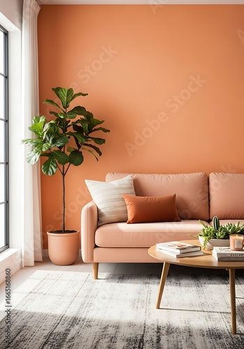 Cozy peach living room with plants