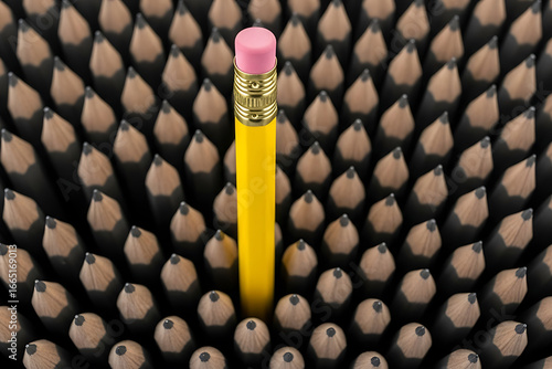 Unique Yellow Pencil Standing Out Among Many Similar Pencils