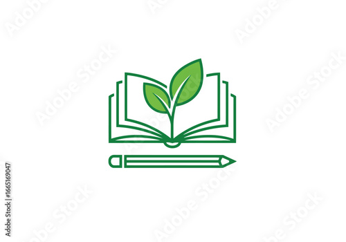 Green book with sprouting plant and pencil, symbolizing education and growth