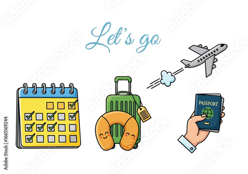 Lets go travel concept with passport, airplane, and luggage