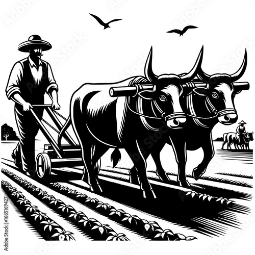 Farmer with Ox Plowing Field