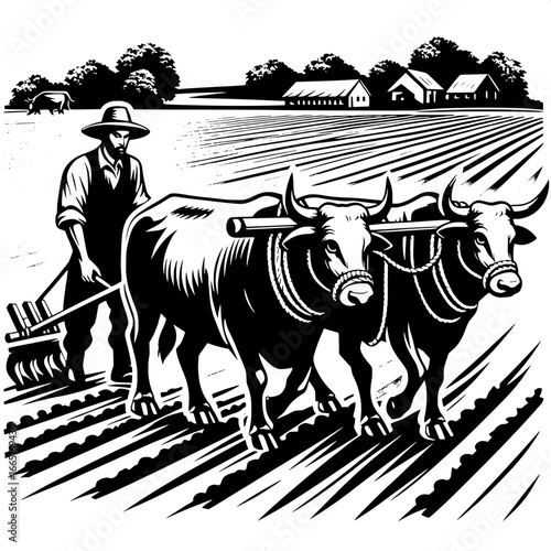 Farmer with Ox Plowing Field
