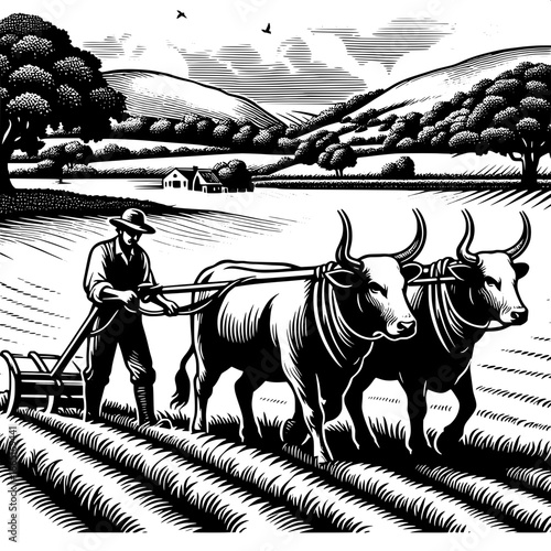 Farmer with Ox Plowing Field
