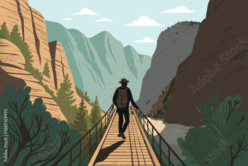 Hiker crossing a wooden bridge over a canyon.