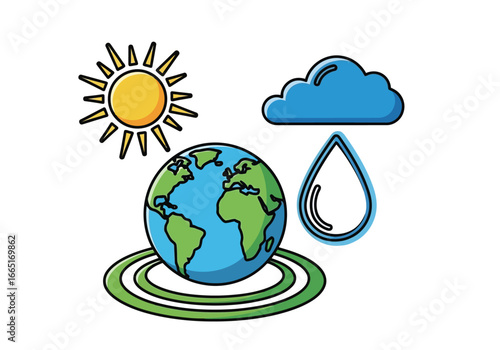 Earth with sun, cloud, and rain drop