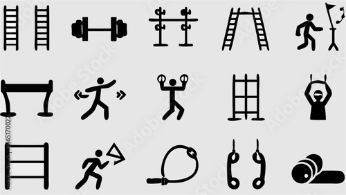 Illustration showing various fitness equipment and stick figures performing exercises in black color