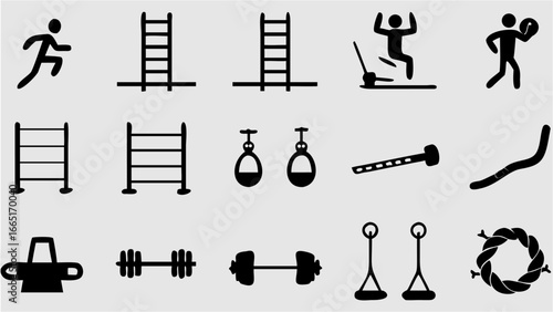 Illustration showcasing various fitness and exercise equipment in a minimalist black style design