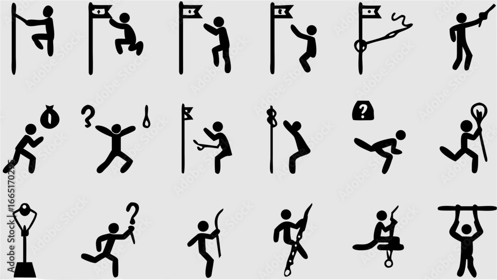 Naklejka premium Illustration showing a collection of stick figures performing various activities and interacting with objects