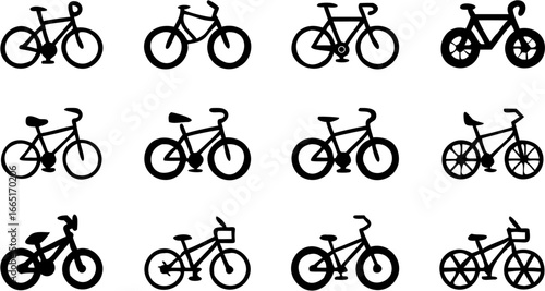 Collection of twelve bicycle silhouettes in a grid pattern showing various styles and designs
