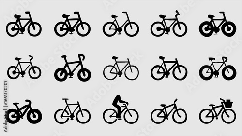 Silhouette illustration displaying a collection of various bicycle types and designs arranged in rows and columns